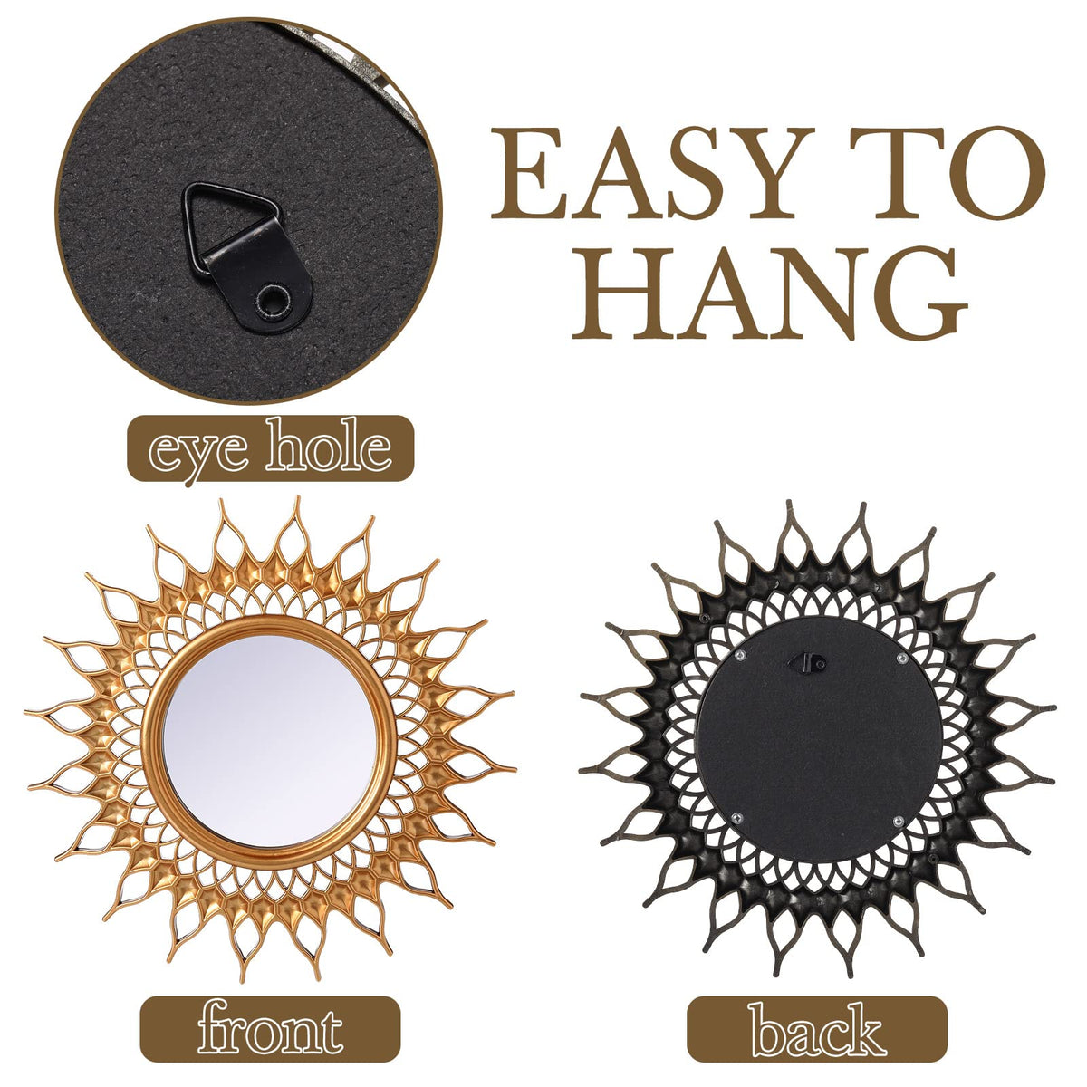 6 Pcs Sunburst Round Mirror for Wall Decor, Classic, Gold