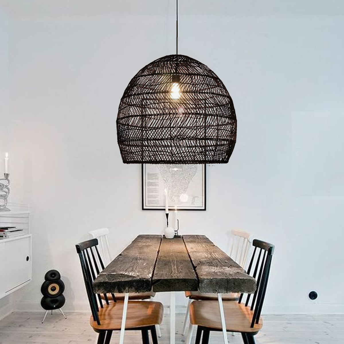 17.6" Black Kitchen Island Pendant Light, Rattan Shades Handmade Hanging Light Ceiling Light, Foyer