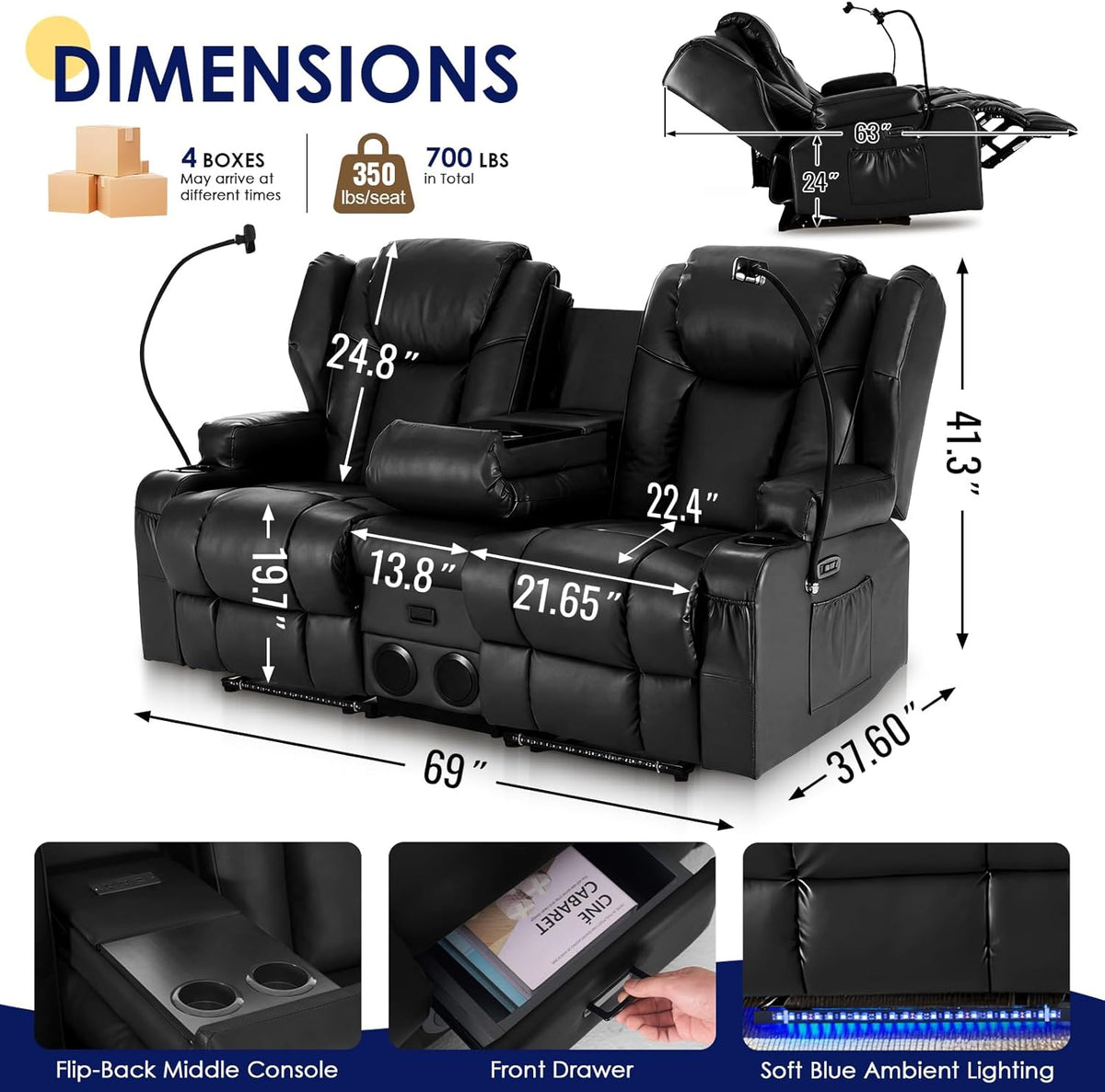 Redlife Power Loveseat Recliner Sofa with Console, PU Leather Dual Reclining Couch with Blue LED Lights