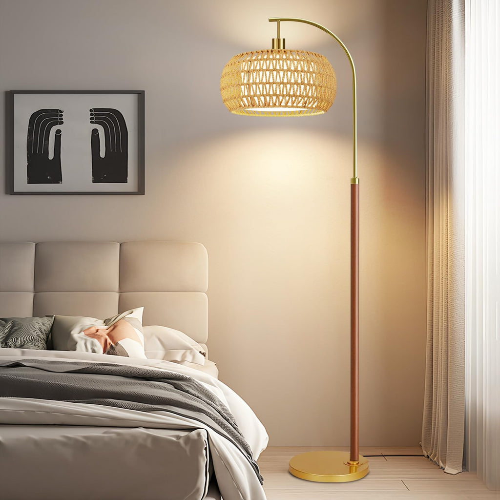 Wood Arc Floor Lamps, Boho Rattan Floor Lamp with Remote Control & 3 Color Temperatures, Dimmable Mid Century Modern