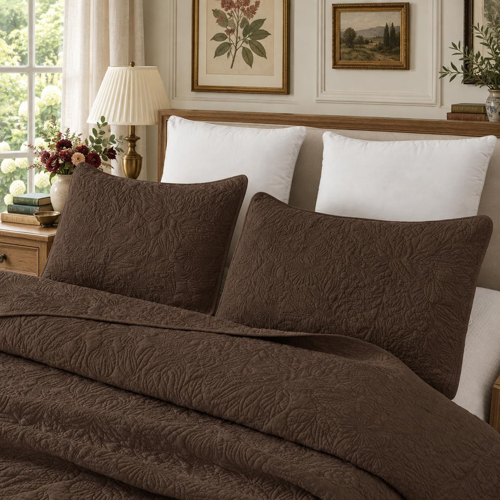 Brown Botanical Cotton Quilt Set Queen Floral Stitched Quilts 3PC