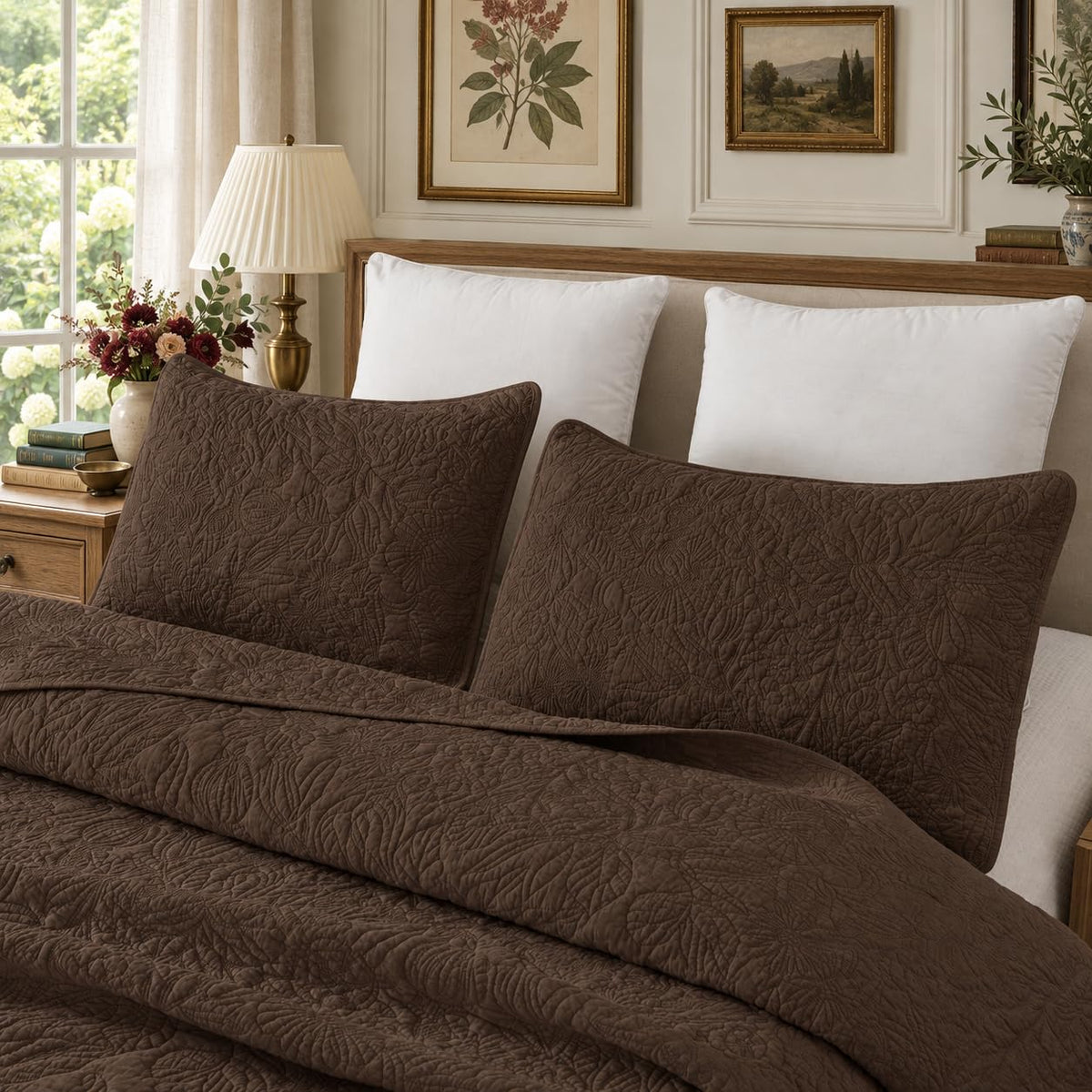Brown Botanical Cotton Quilt Set Queen Floral Stitched Quilts 3PC