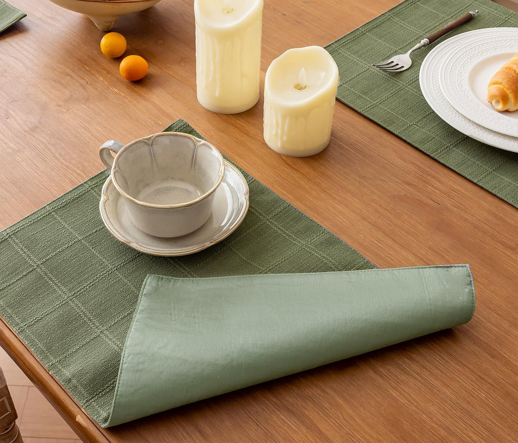 Linen Checked Placemats Set of 6, Sage Green Place Mats 12x18 Inch