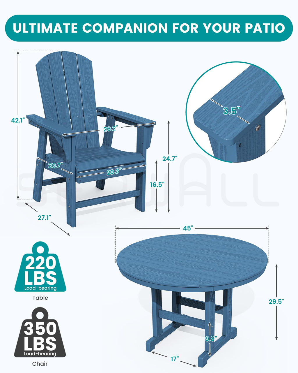Outdoor Adirondack Dining Chair Set of 2, All Weather HDPE, Navy