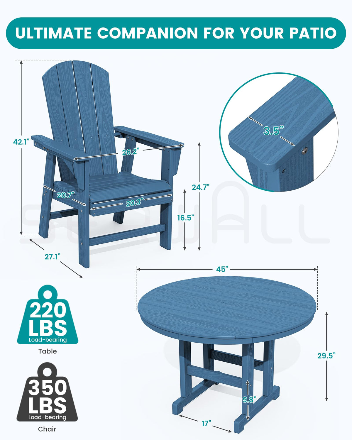 Outdoor Adirondack Dining Chair Set of 2, All Weather HDPE, Navy