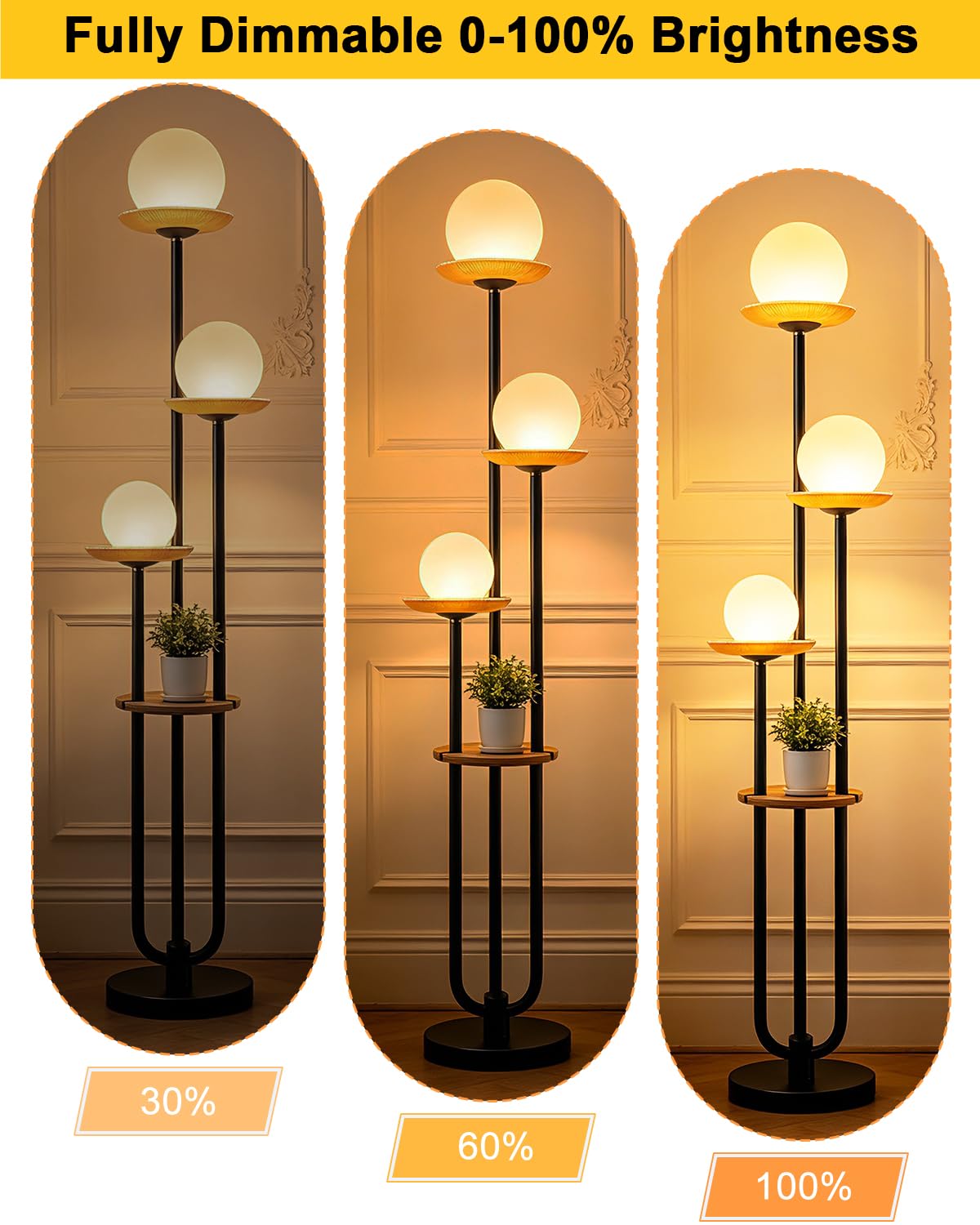 Black Floor Lamp Dimmable with Amber Glass Tray Tall Lamp