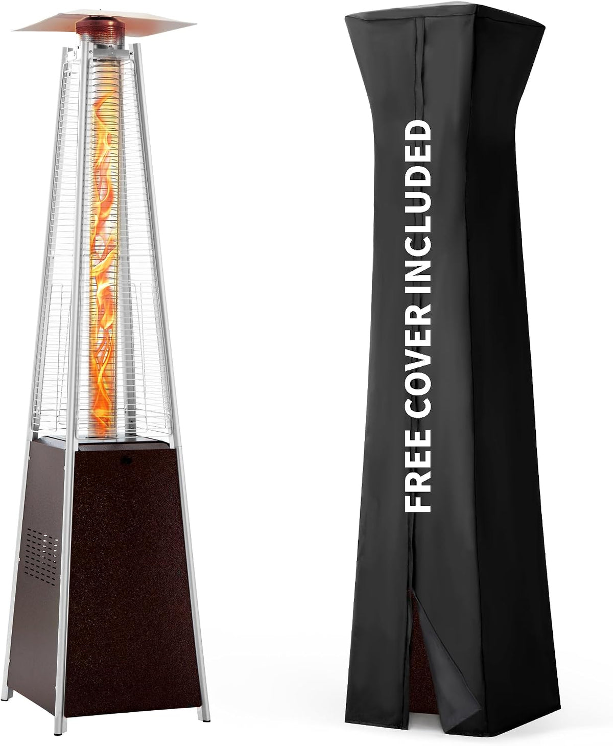 Patio Heater, 48,000 BTU Pyramid Flame Outdoor Heater with Cover, Quartz Glass Tube, 87" Hammered Bronze Tower
