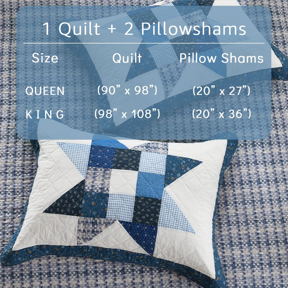 Cotton Quilt Bedding Sets 3 Pieces Soft Reversible Coverlets Luxury Star Real Patchwork Bedspread, Blue White