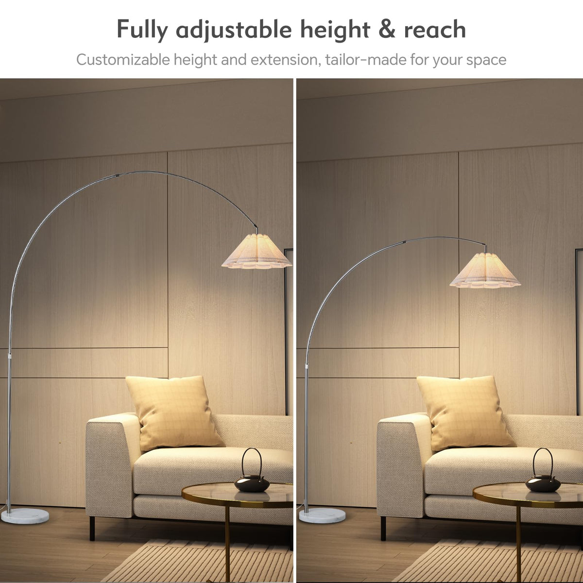 Inspired Arco Style Large Arc Floor Lamp with Natural Marble Base - 81" Tall Adjustable Arched Standing Lamp, Chrome Stainless Steel Over
