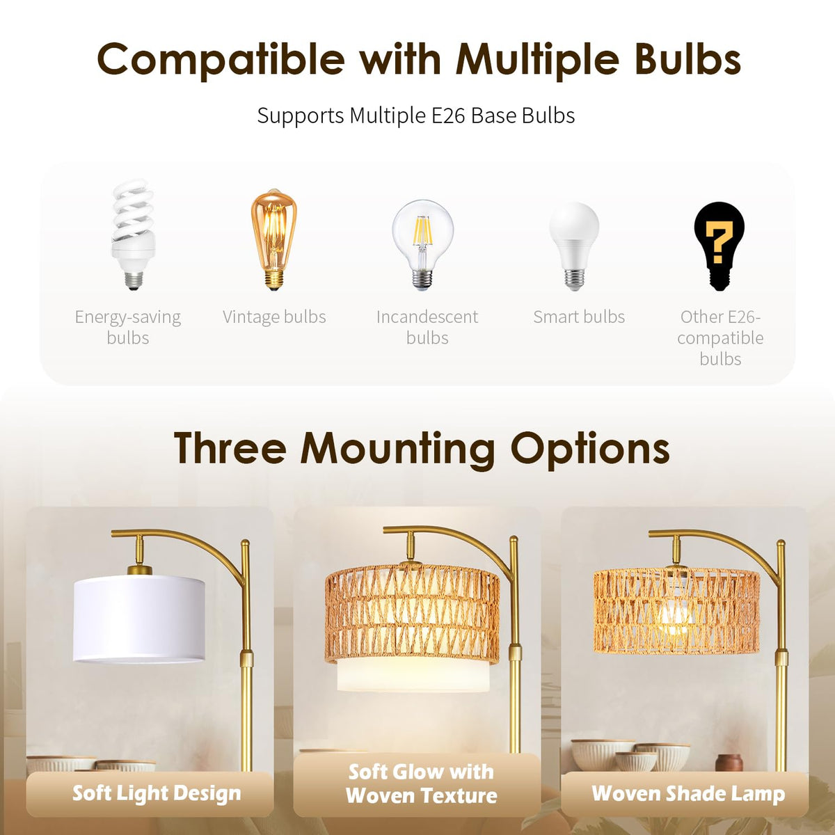 Rustic Woven Rattan Floor Lamp - Golden Finish, Arc Design, 12W LED (1 in use + 1 Spare), Remote & Dimmable 3-Color