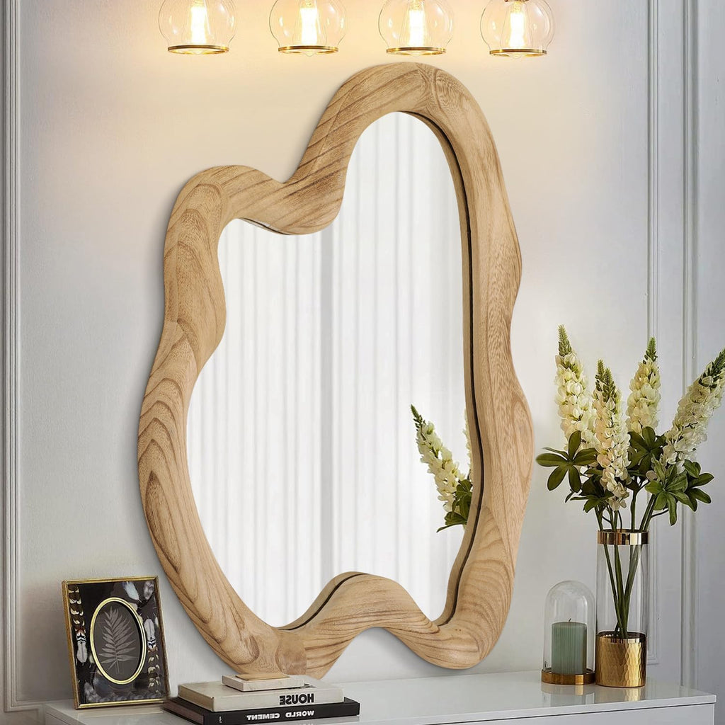 Large Rustic Wall Mirror with Wooden Frame Irregular Wall Mirror 32"x24" Decorative Asymmetrical Hanging Mirror