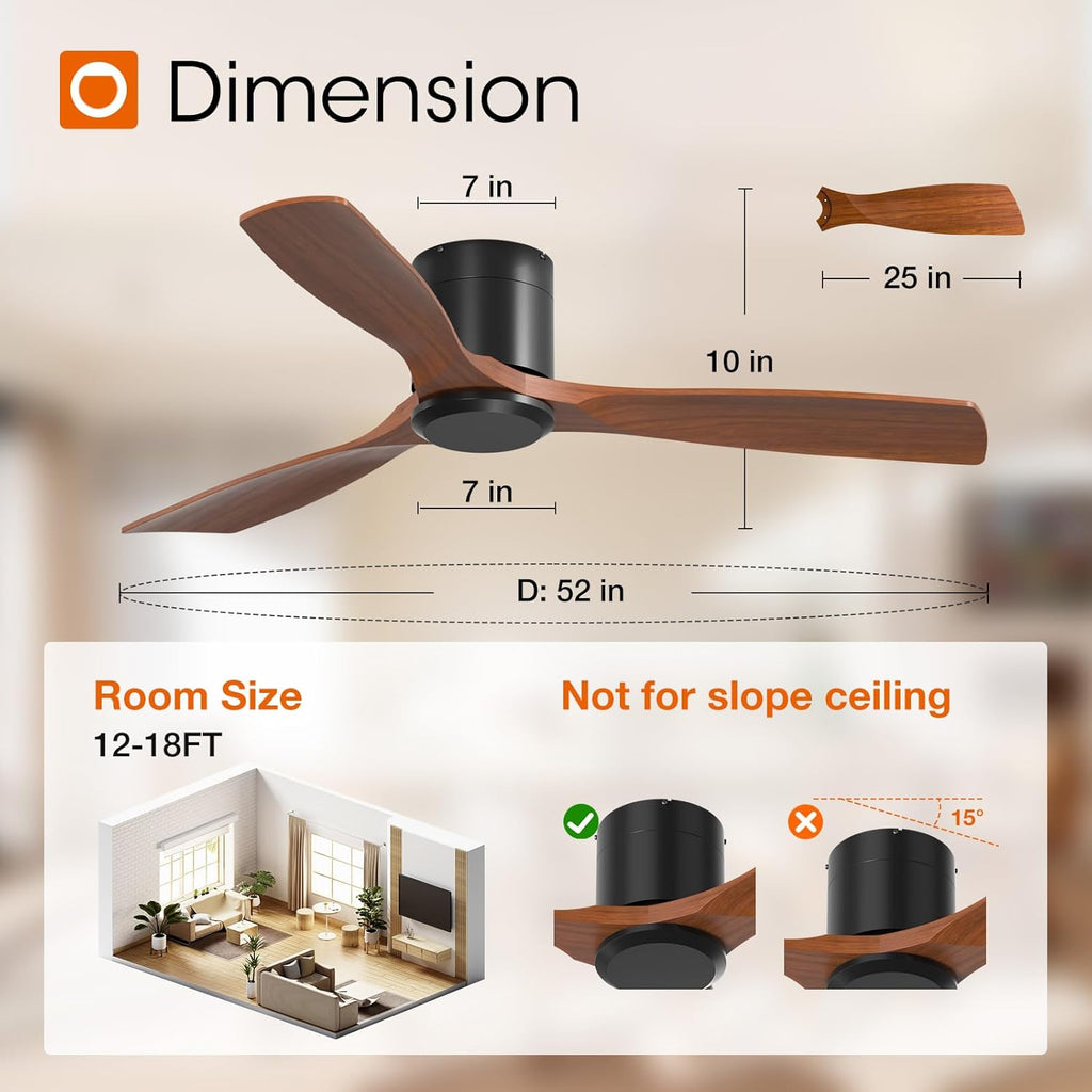 52" Indoor/Outdoor Flush Mount Ceiling Fan with Remote, No Light