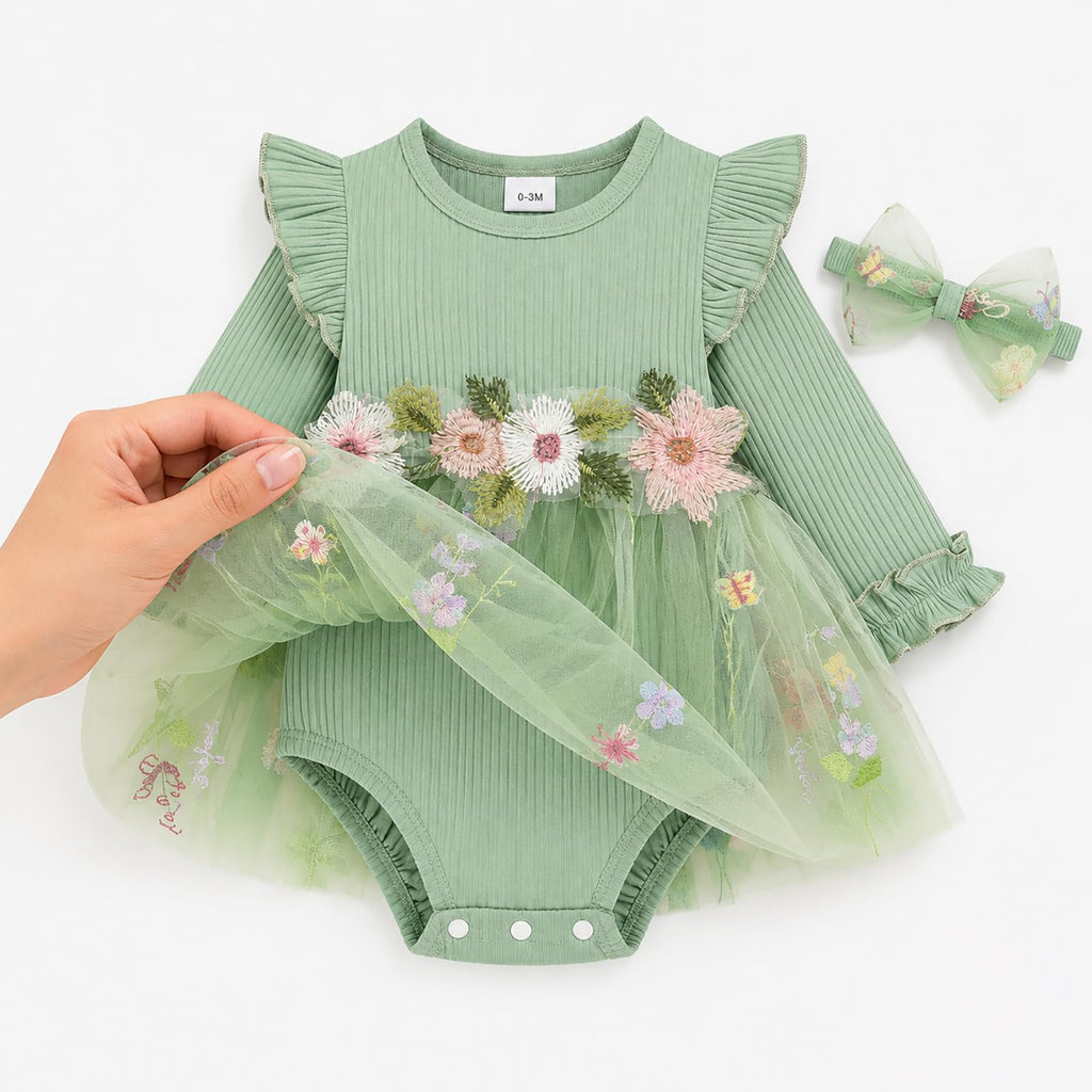 Baby Girl Romper Dress Tulle Skirt Bodysuit with Headband for Infants