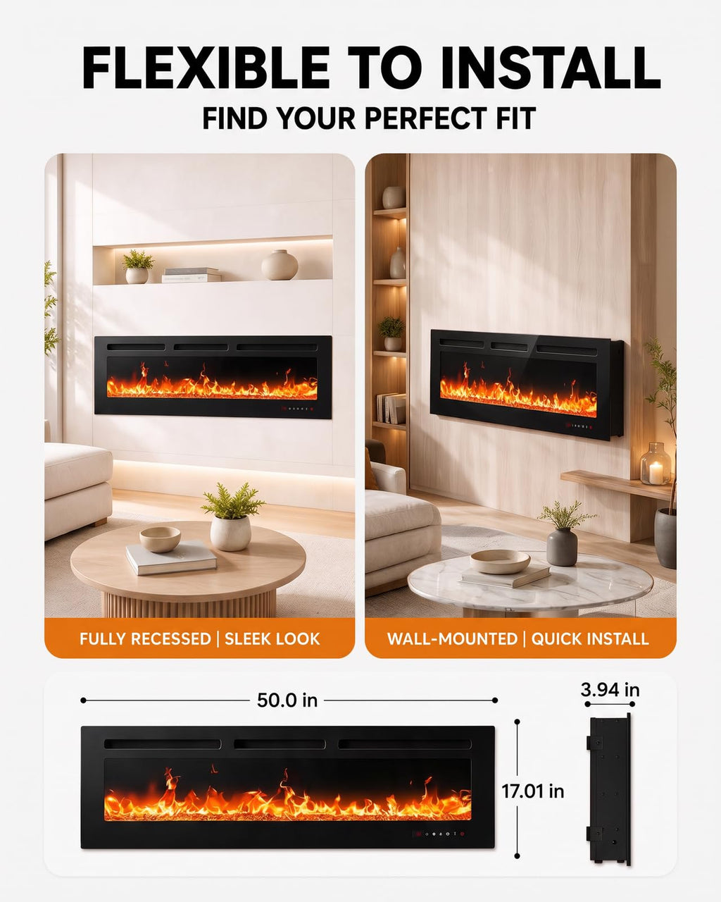 50-Inch Smart Electric Fireplace, Ultra-Slim Wall-Mounted or Recessed Fireplace Heater with 1400W Heat, WiFi App &