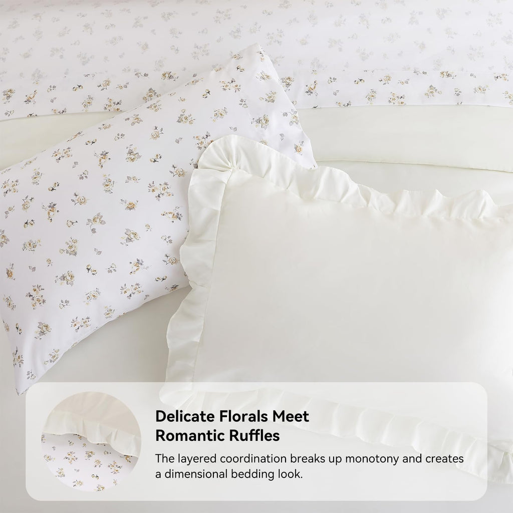 Ruffle Comforter Set with Floral Sheets 7 Pieces Cream White