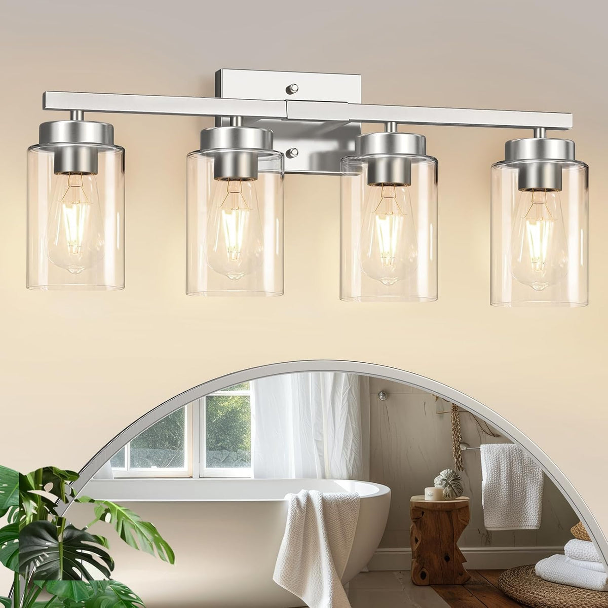 Modern Bathroom Light Fixtures, 4 Light Brushed Nickel Vanity Lights, Bathroom Lighting Fixtures Over Mirror with