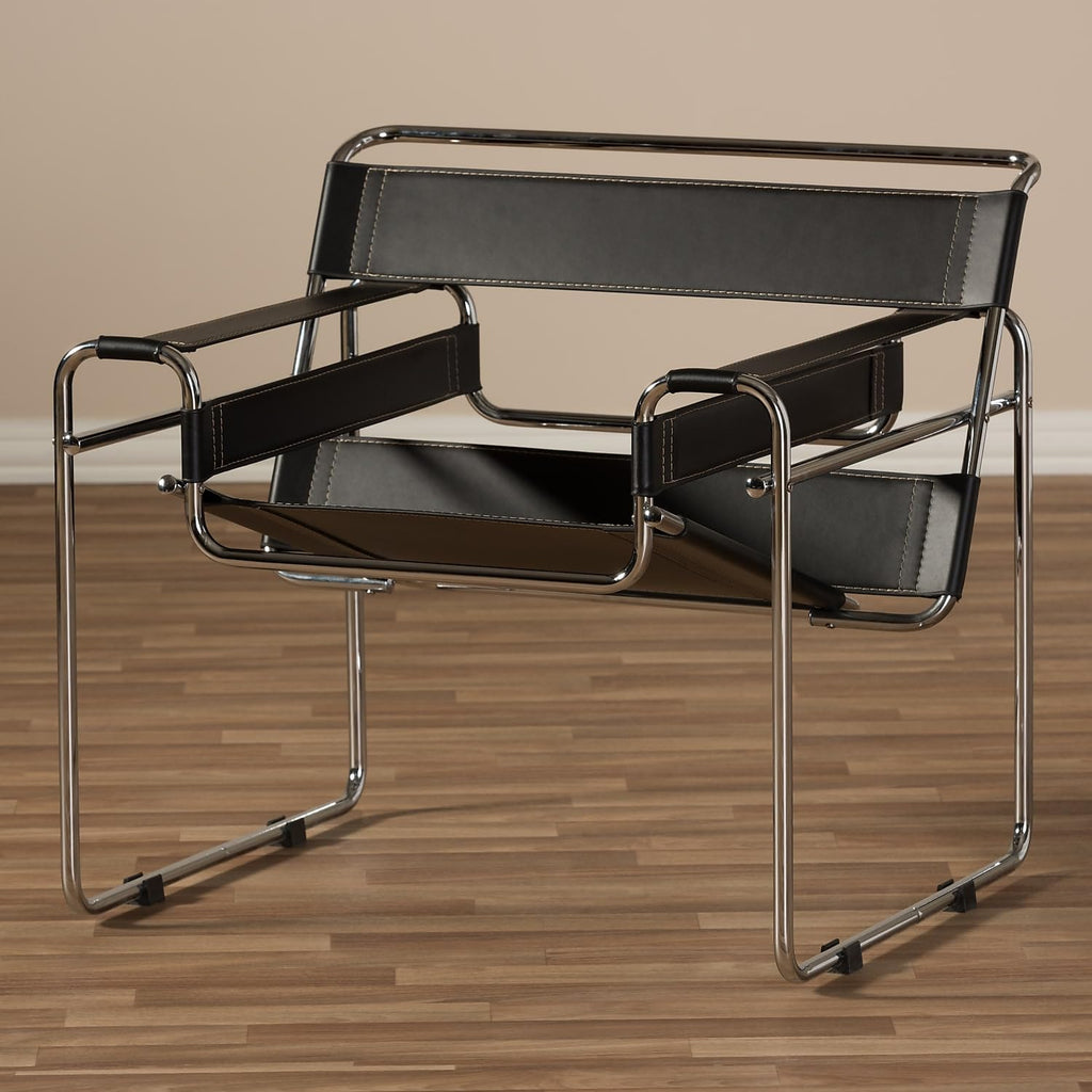 Inspired Wassily Style Mid Centry Modern Accent Chair, Steel Frame and Faux Leather, Wide Seating