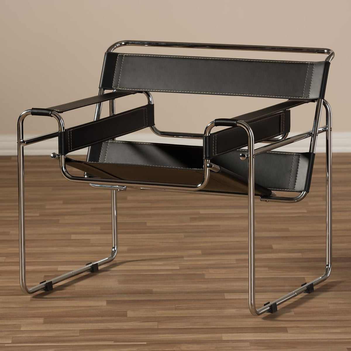 Inspired Wassily Style Mid Centry Modern Accent Chair, Steel Frame and Faux Leather, Wide Seating