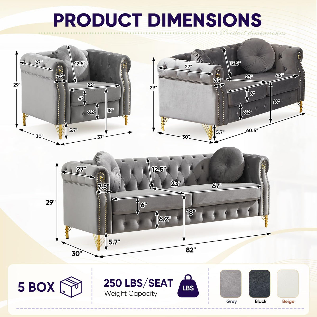 3 Piece Chesterfield Sofa Set with Armrest Ring(37"W+60.5"W+82"W, Grey)