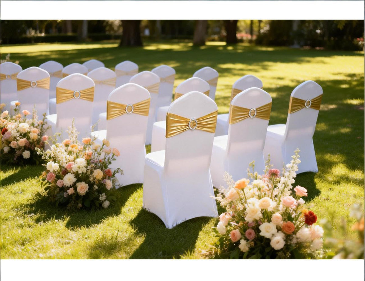 Gold Chair Sashes 100 Pack, Spandex Sashes for Chairs Wedding Reception, Stretch Chair Bands Bows for Party Banquet