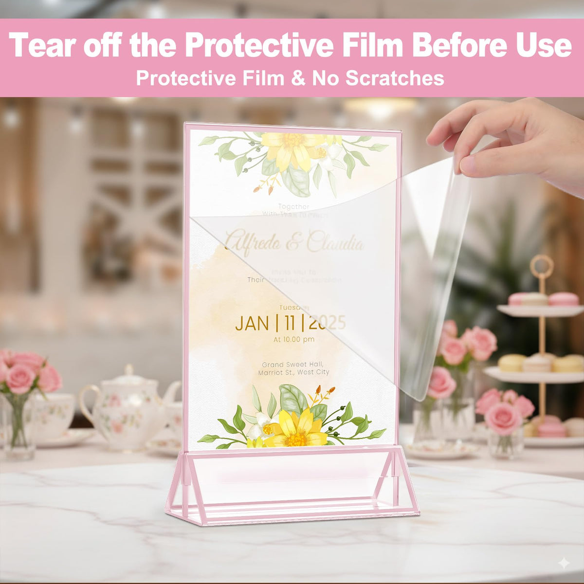 12 Pack Acrylic Sign Holder 5 x 7, Double-Sided Stand up Table Top Sign Holders, Pink Acrylic Picture Frame Menu