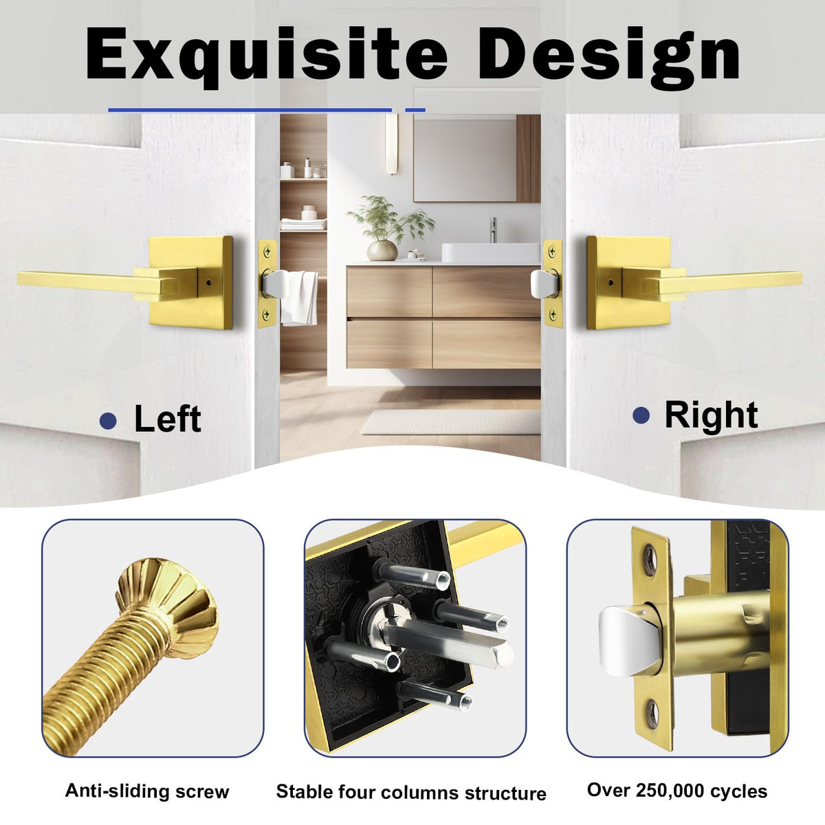 1 Pack Gold Privacy Door Handles Square Keyless Door Lever, Interior Door Handle , Modern Door Handle Sets Stainless