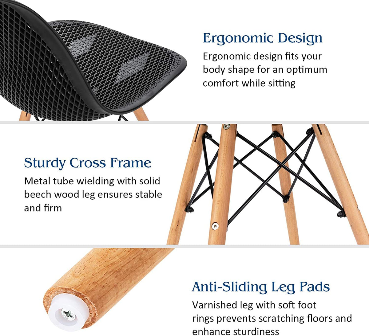 Inspired Eames Style Set of 4 Dining DSW Chairs, Shell PP Lounge Side Chairs w/Beech Wood Legs & Mesh Design, Modern Side Chairs Living