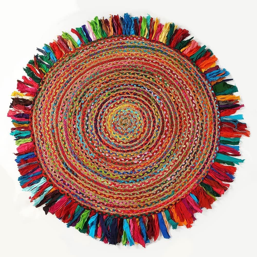 Jute Area Rug 6ft-Natural Fiber Round Cotton Fringes Handmade Boho Multicolour Soft Braided Rustic Vintage for Indoor