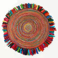 Jute Area Rug 6ft-Natural Fiber Round Cotton Fringes Handmade Boho Multicolour Soft Braided Rustic Vintage for Indoor