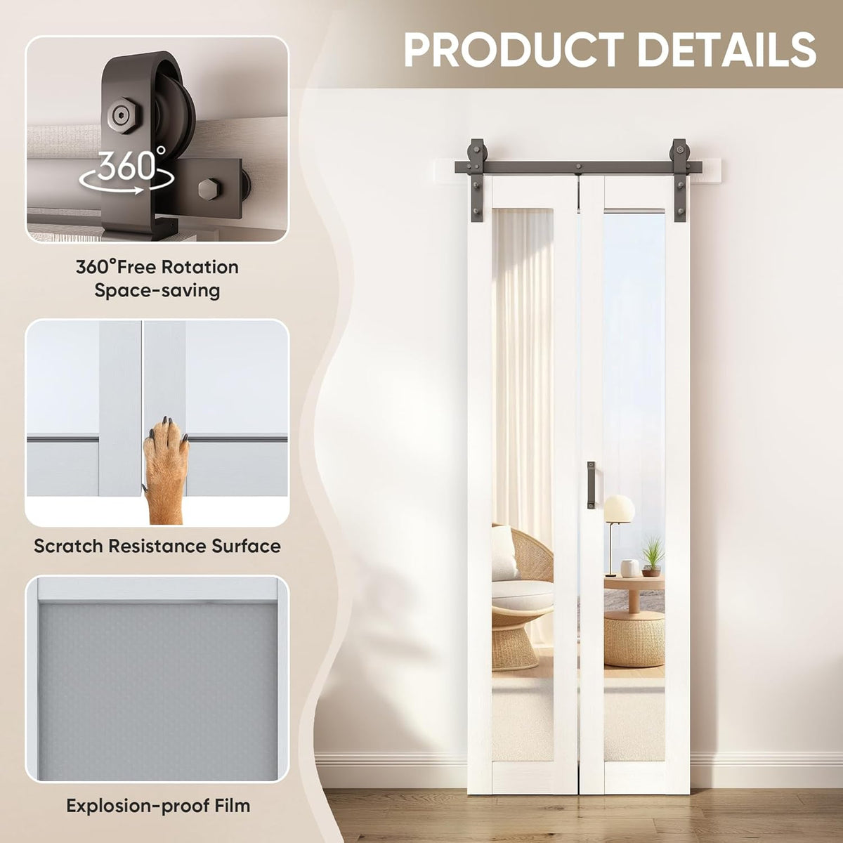 Bifold Barn Doors Mirror Closet Door, Bi fold Sliding Barn Doors with Hardware Include, Shatterproof Mirror Door
