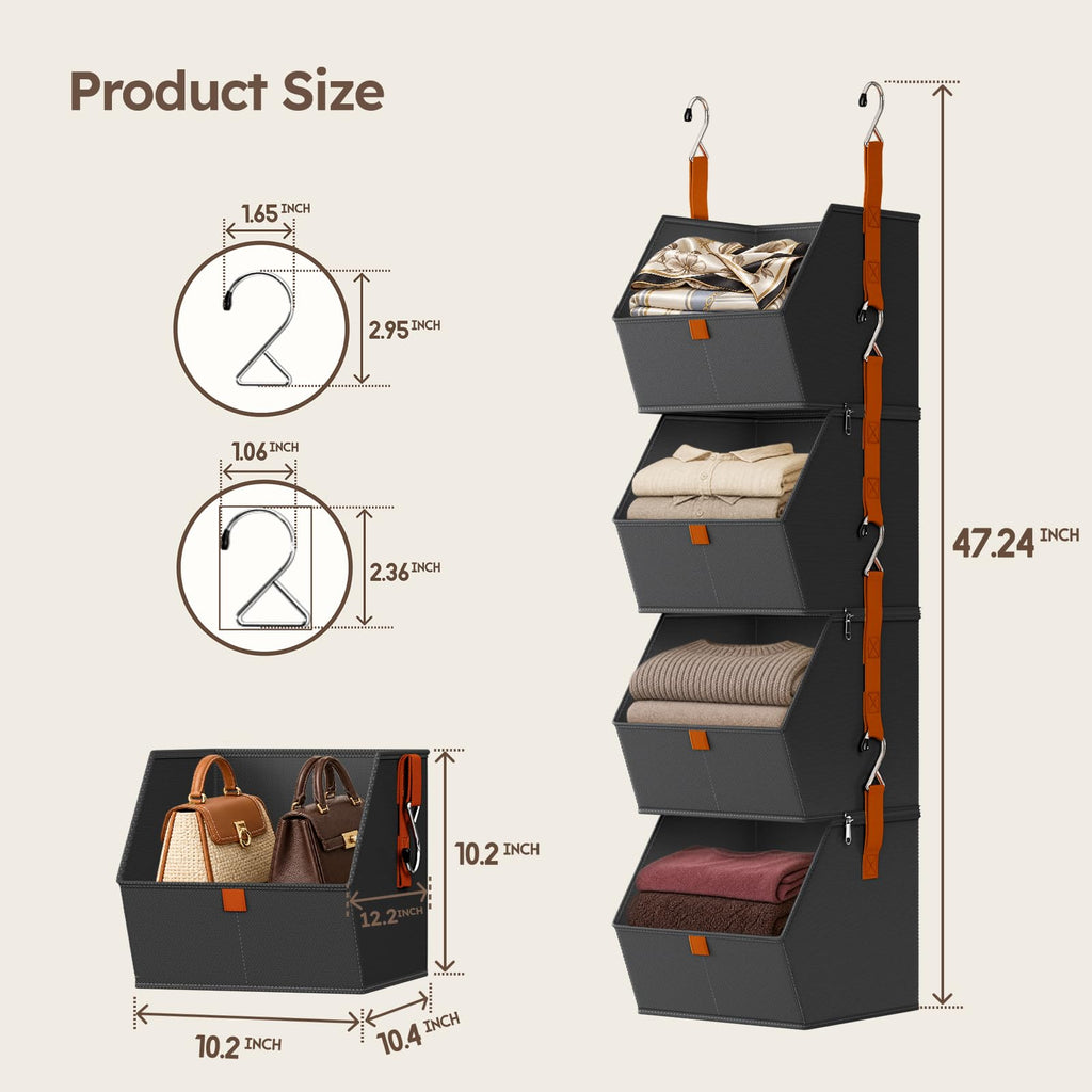 Hanging Closet Organizer, Modular 4-in-1 Hanging Shelves, Black