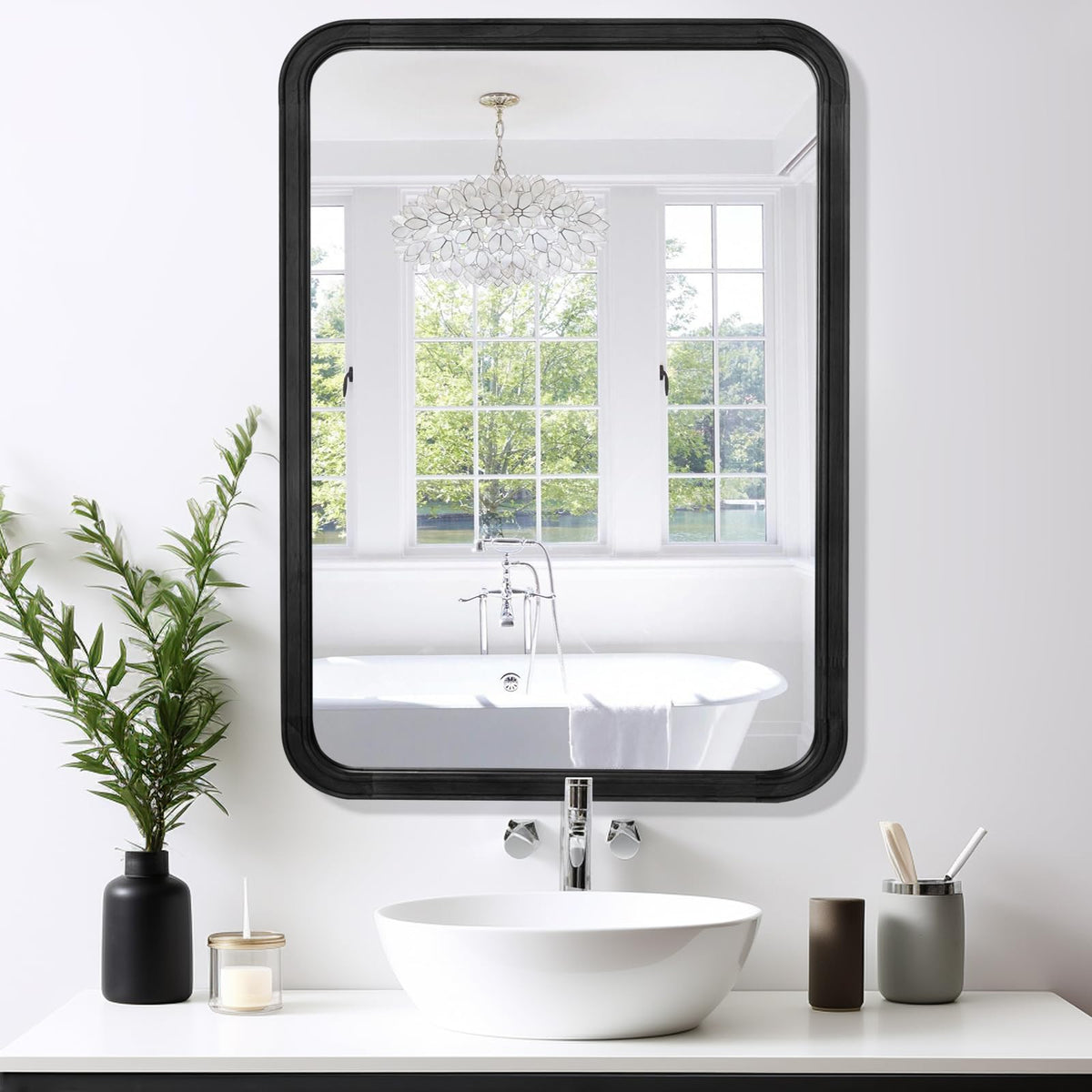 Wood Bathroom Mirror for Wall 24x36 Inch Wooden Frame Rectangle Mirror for Farmhouse Bathroom Vanity Wall Mounted