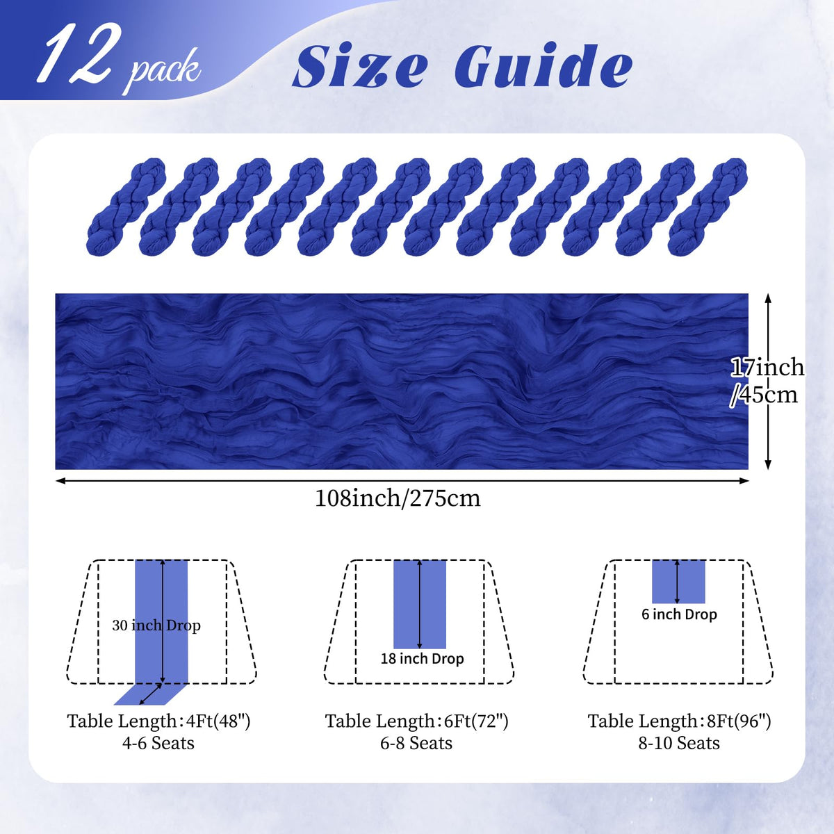 12 Pack Royal Blue Cheesecloth Table Runner 17x108 Inch Semi Sheer Boho Gauze Cheese Cloth Fabric Table Runners, for