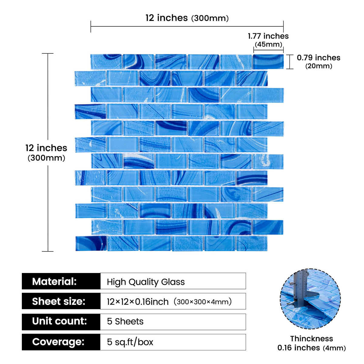 Glass Mosaic Tile Blue Line 12 x 12 Inch Glossy Glass Tile for Swimming Pool Backsplash Shower Waterline Fountain Spa