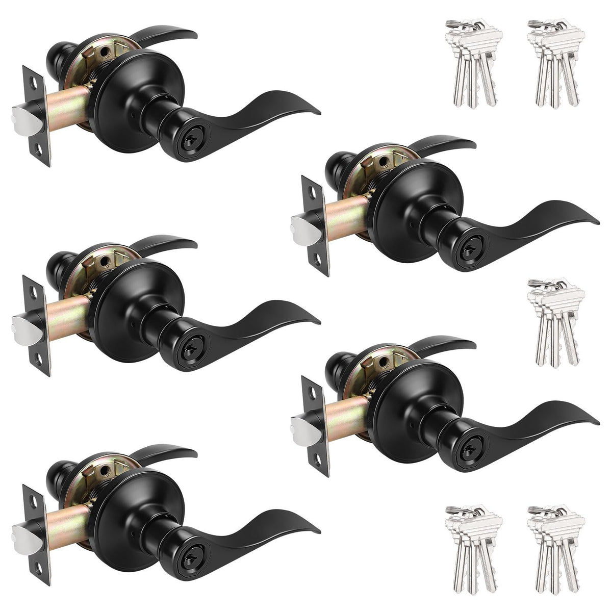 Keyed Alike Black Door Handle, Wave Style Entry Door Handles, Door Levers Lockset for Interior and Exterior Doors, 5