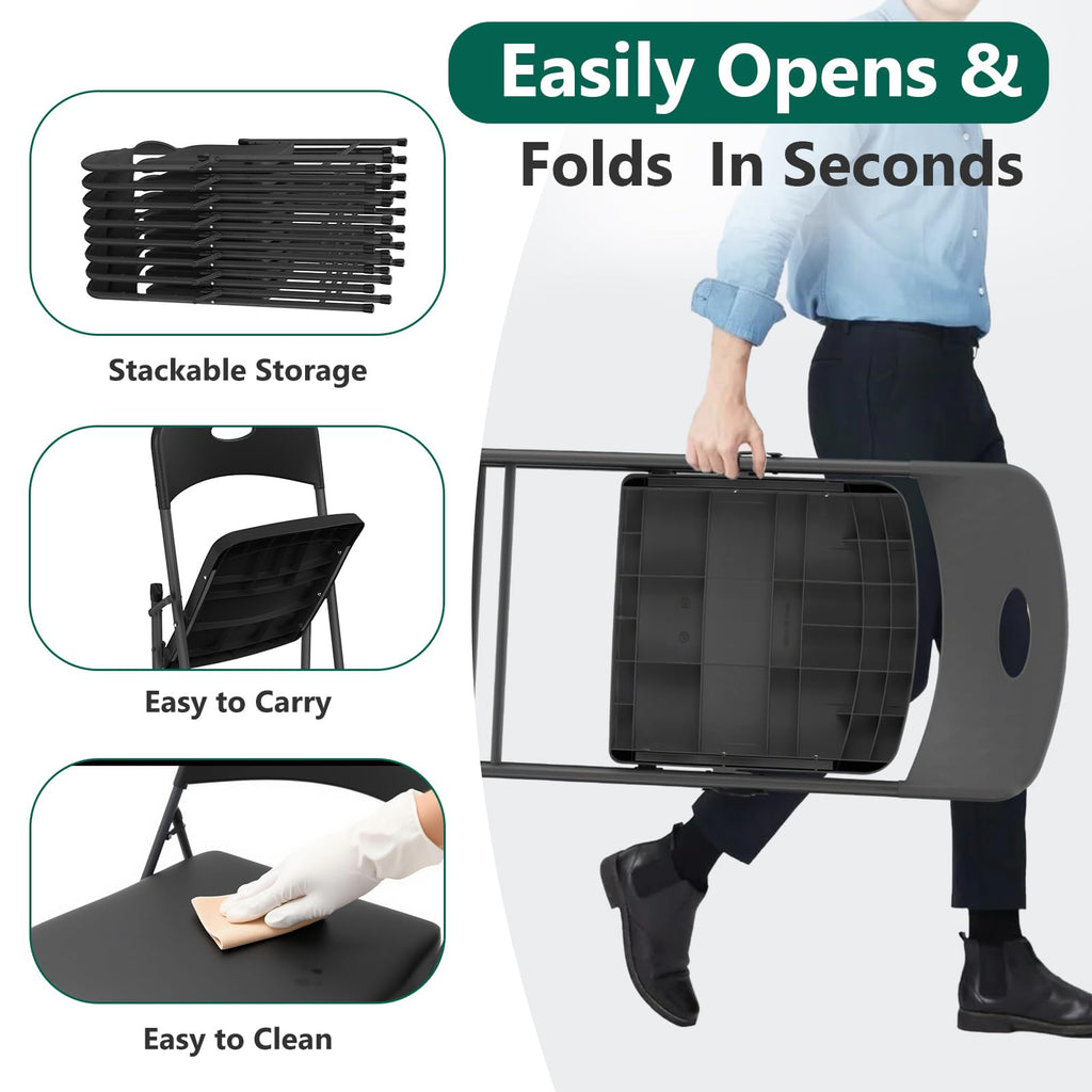 10 Pack Black Folding Chair, Plastic Portable Stackable Commercial Seats with Steel Frame 350lb, Heavy Duty Foldable