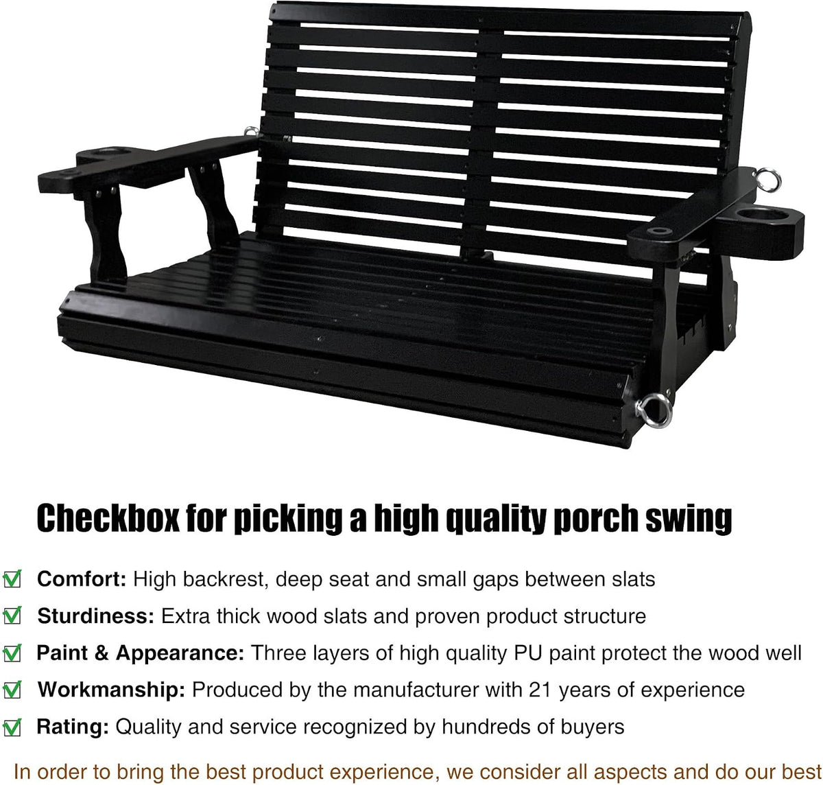 Wooden Porch Swing 2-Seater, High Backrest and Deep Seat, Bench Swing with Cupholders, Hanging Chains and 7mm