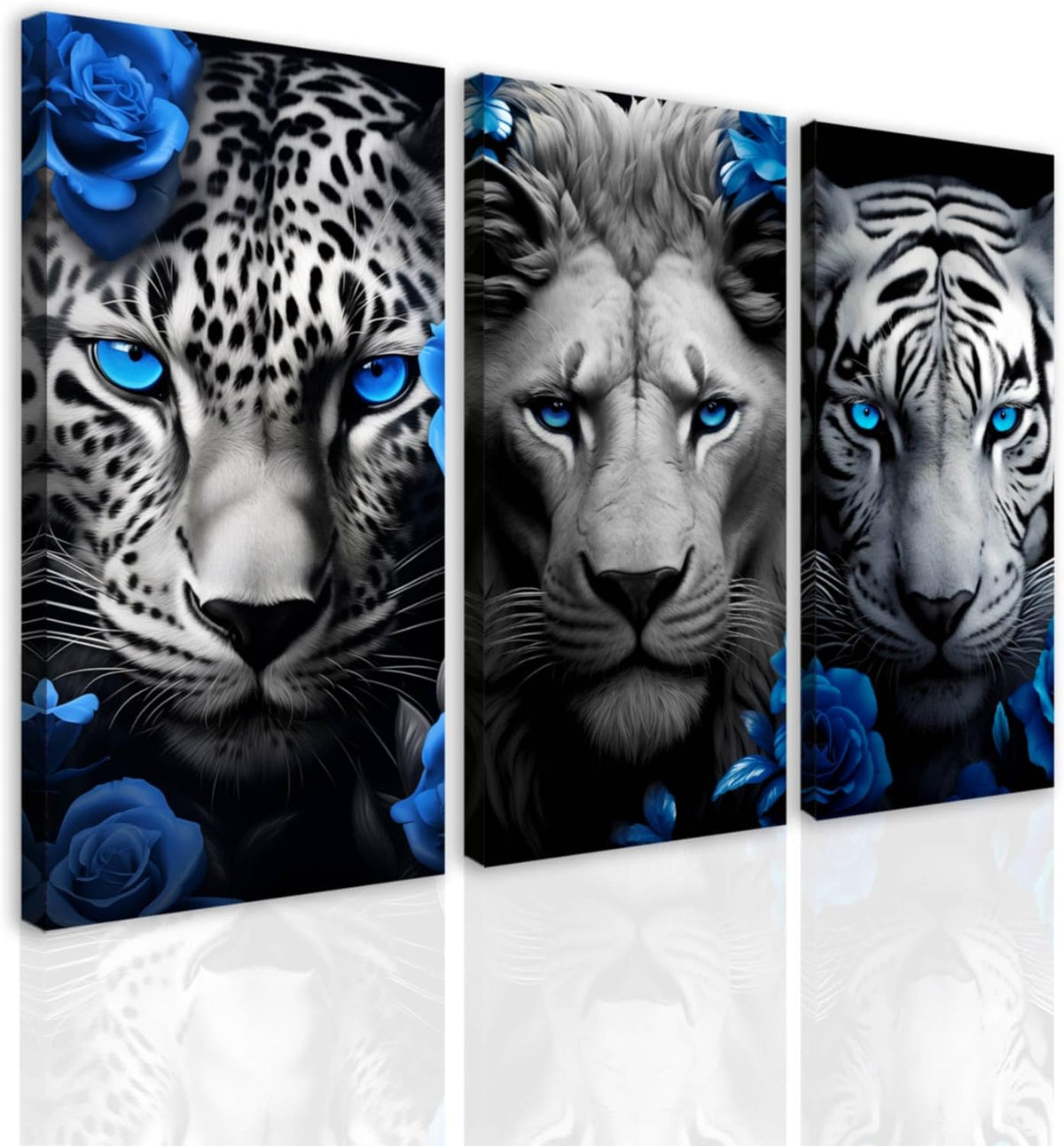 Lion Tiger Leopard Canvas Wall Art Set of 3 Black White Blue Decor Print Wildlife with Flowers Pictures Bedroom