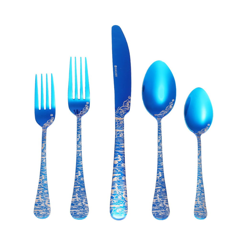 Wave Cutlery Set 20 Pieces Stainless Steel Flatware Set (All Blue)