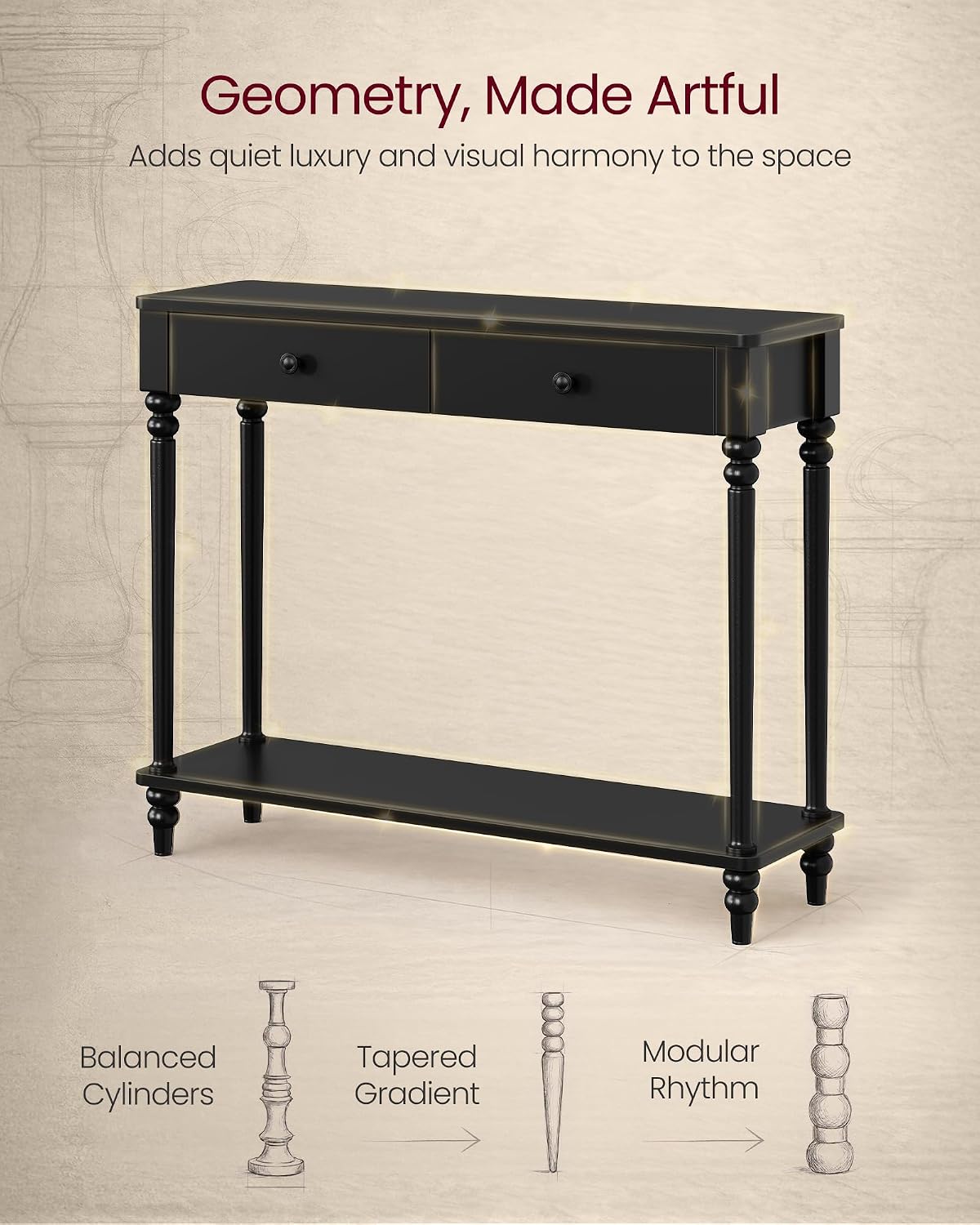 Mariel Collection - Console Table, Narrow Entryway Sofa Table with Drawers and Shelf, Solid Wood Legs, Mid-Century