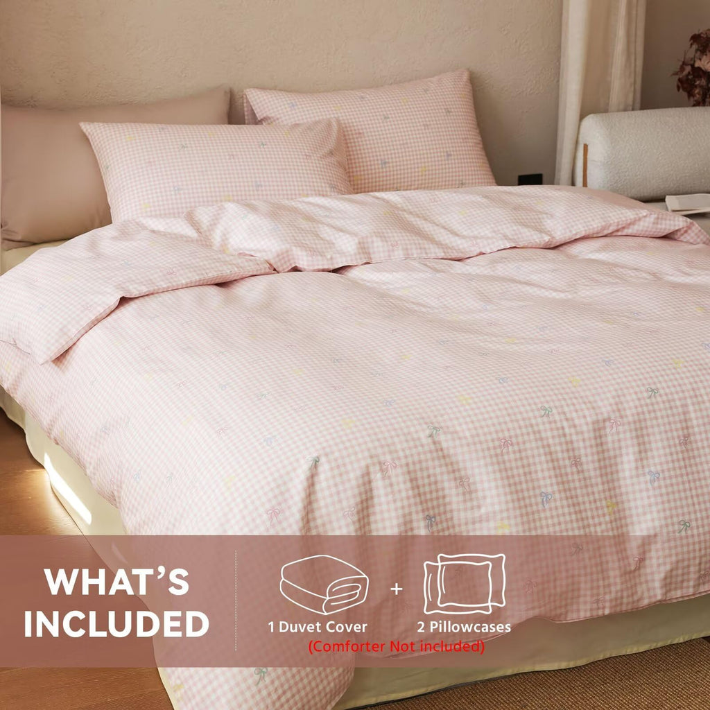 Pink Gingham Cotton Duvet Cover 3 Pcs, 100% Cotton Duvet Cover with 2 Pillowcases, Rustic Aesthetic