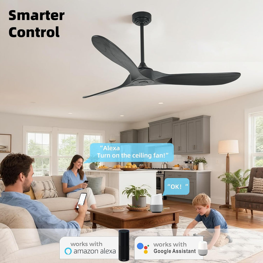 60" Wood Outdoor Smart Ceiling Fan with Remote, No Light
