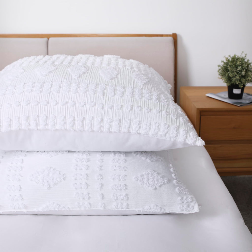 Tufted Pillow Shams White Set of 2 Boho Pillowcases Shabby Chic