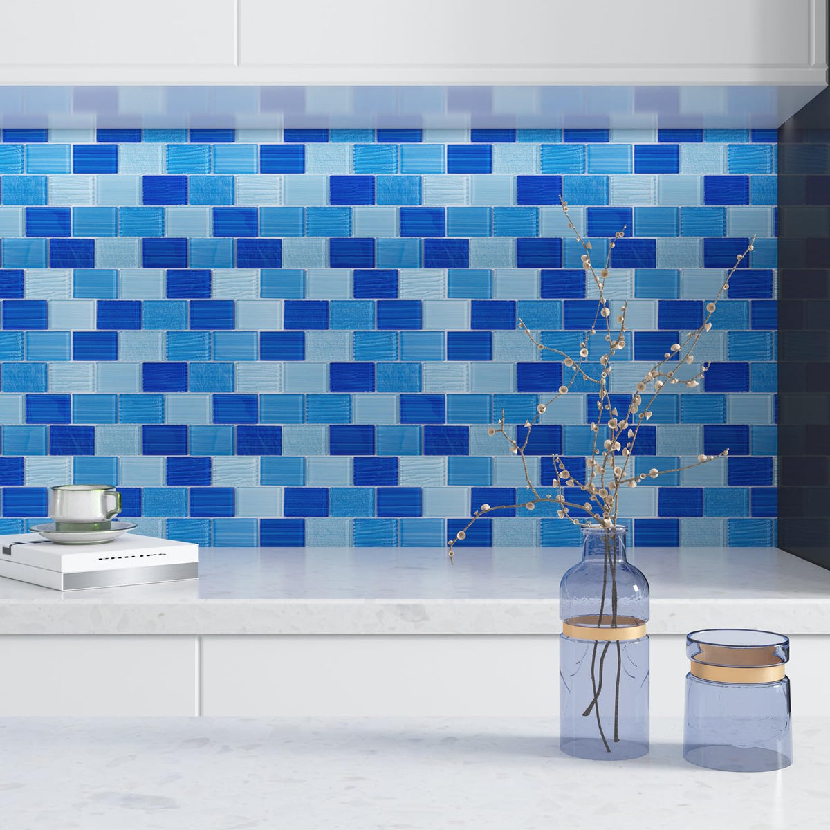 Mixed Blue Glass Subway Mosaic Tiles, Pool Tiles, 12 x12 Inch