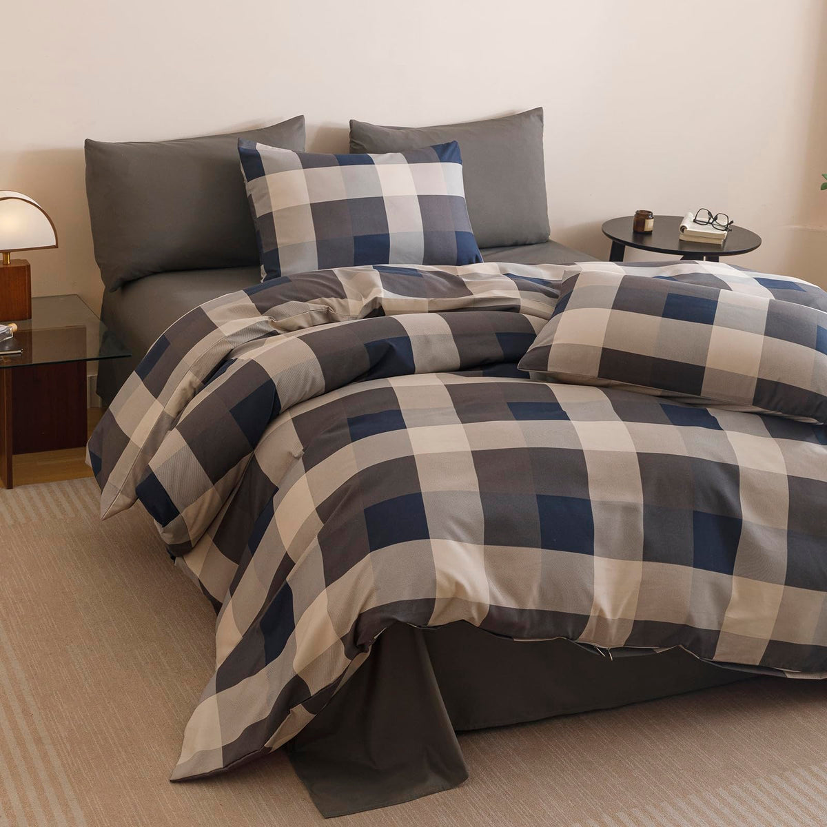 Blue Plaid Comforter Set 3 Pieces Tartan Buffalo Bedding