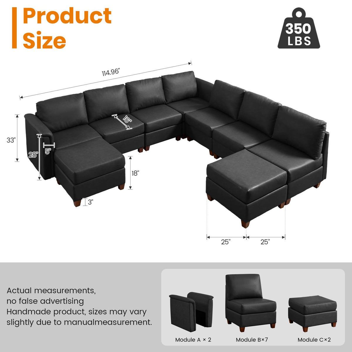 115" Modern Sectional Sofa, Faux Leather Modular Sectional Couchs with Storage Waterproof Convertible U/L Shaped Wide