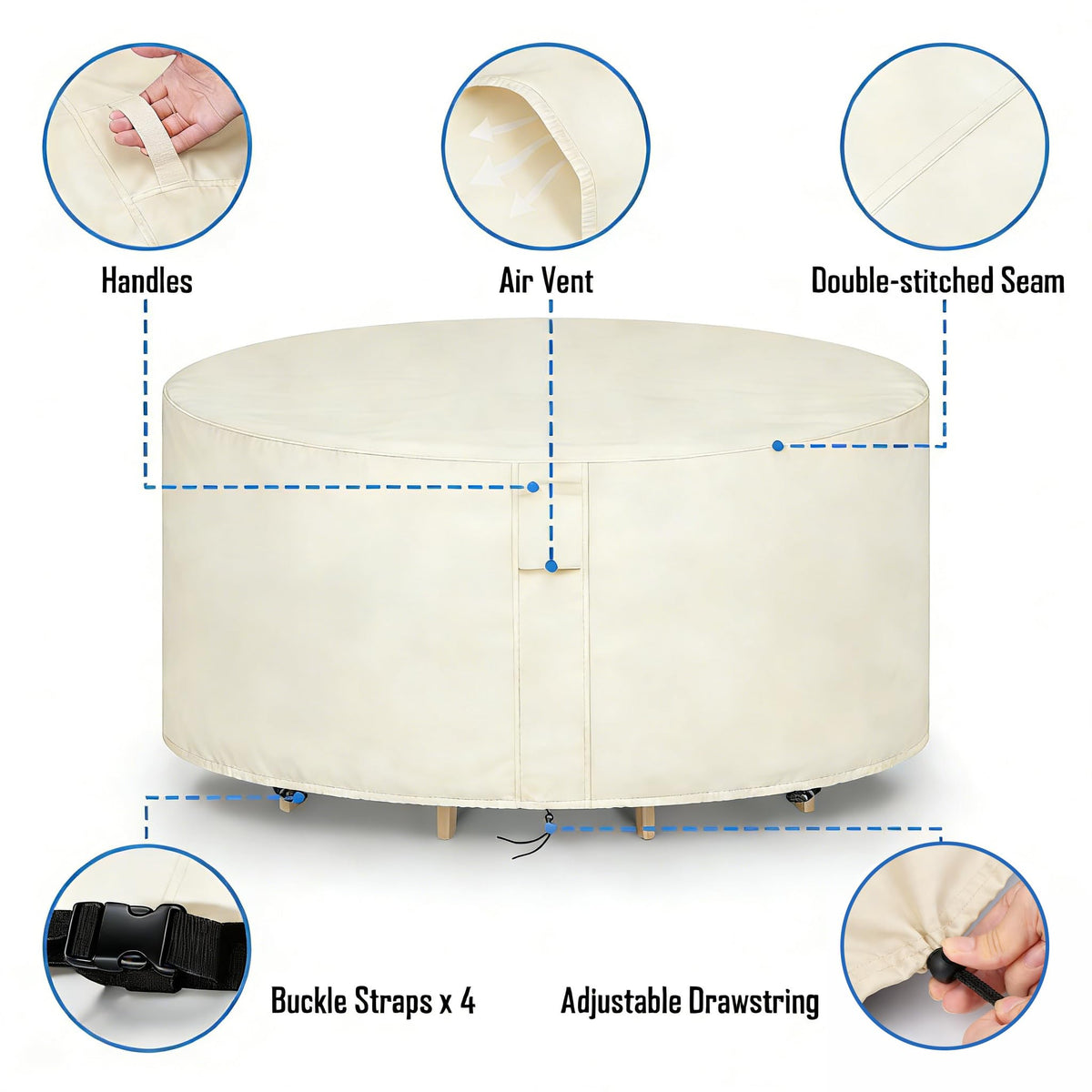 Round Patio Furniture Covers Waterproof, 84"Dia x 44"H, Beige