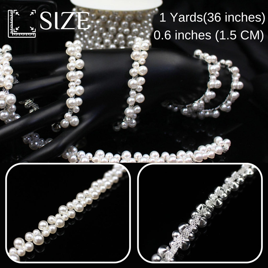 Pearl Trim Chain String Silver Applique Fringe Ribbon Strips Beads Sewing Dress DIY Party Wedding Bouquet for - 1 Yard