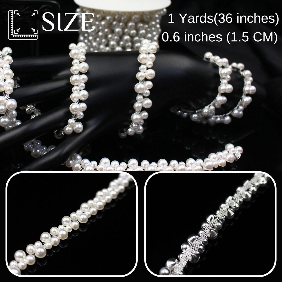Pearl Trim Chain String Silver Applique Fringe Ribbon Strips Beads Sewing Dress DIY Party Wedding Bouquet for - 1 Yard