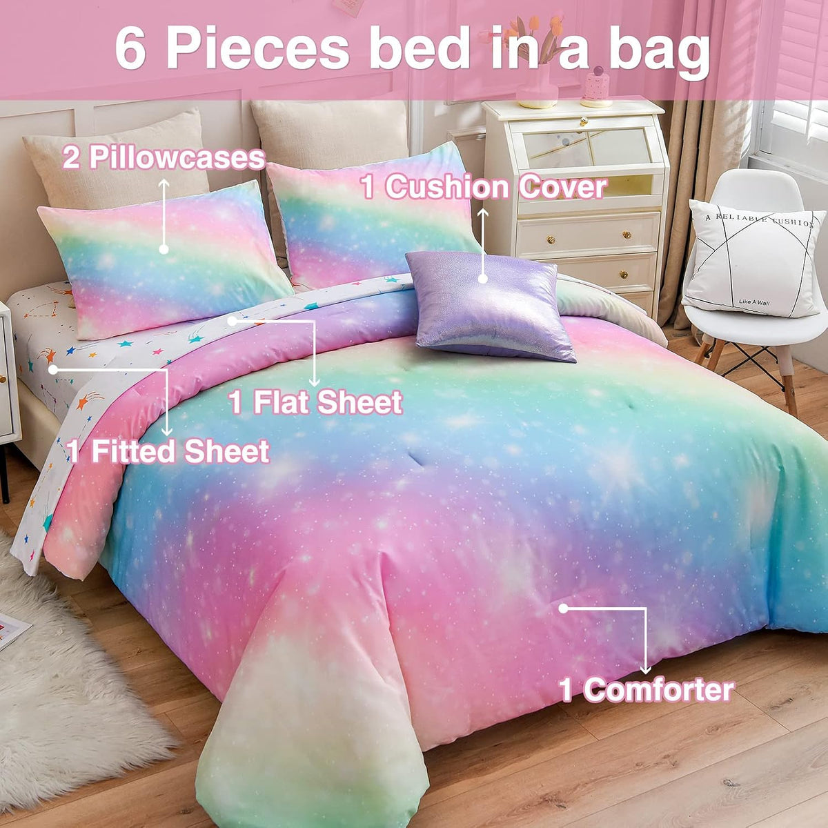 6Pcs Gradient Glitter Full Comforter Sets for Kids - Set of 6